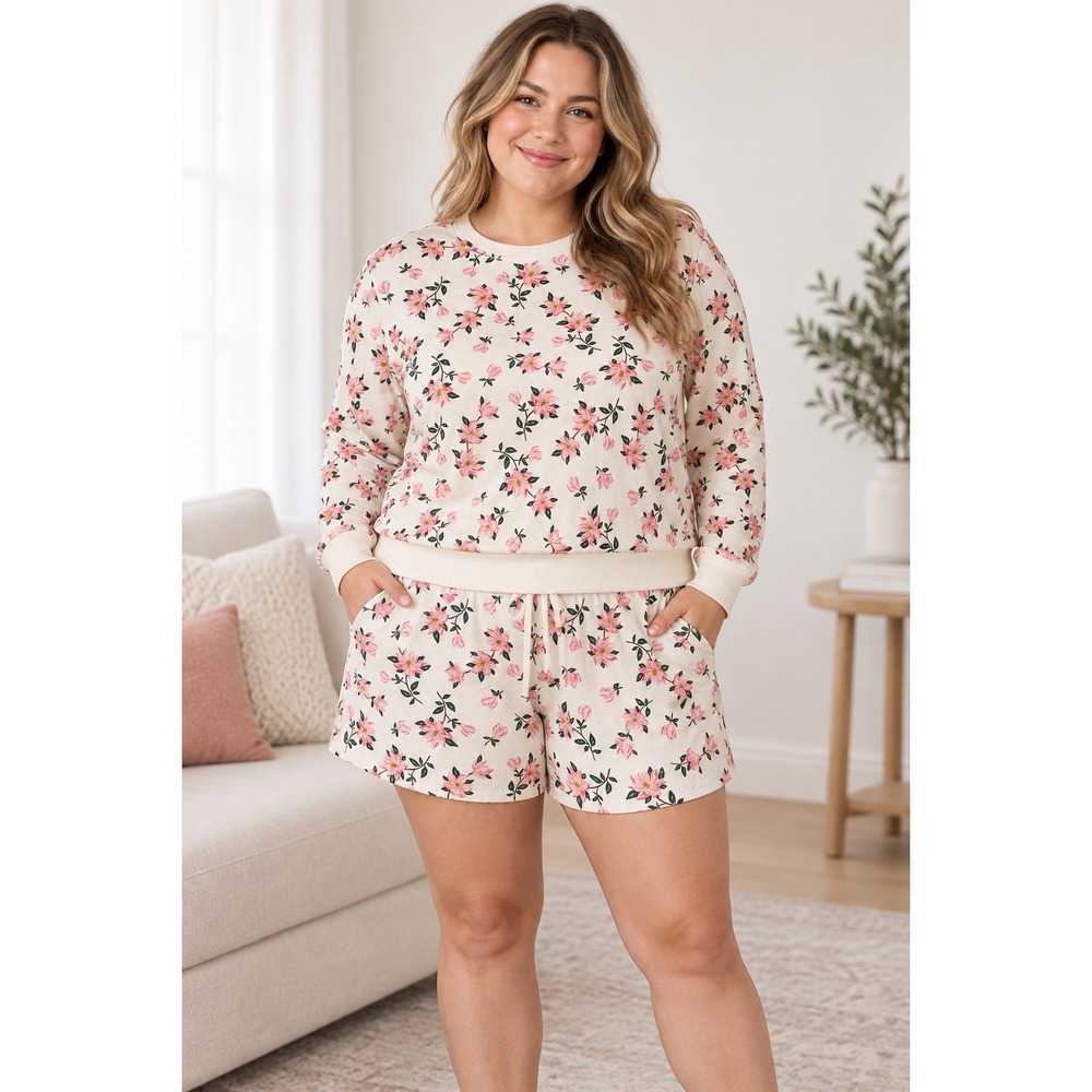 NWT Draper James Lounge Set L 12-14 Cream Pink Floral Sweatshirt Shorts